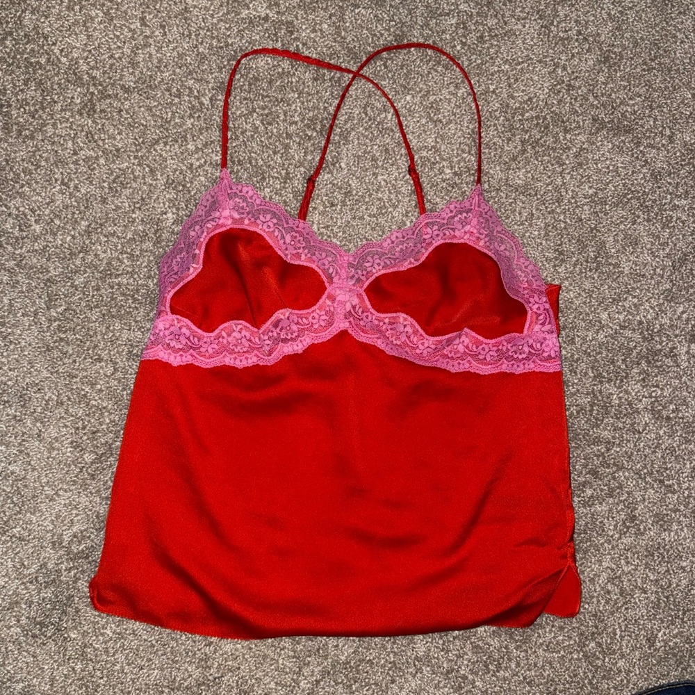 Red and Pink Lace Trim Cami Top